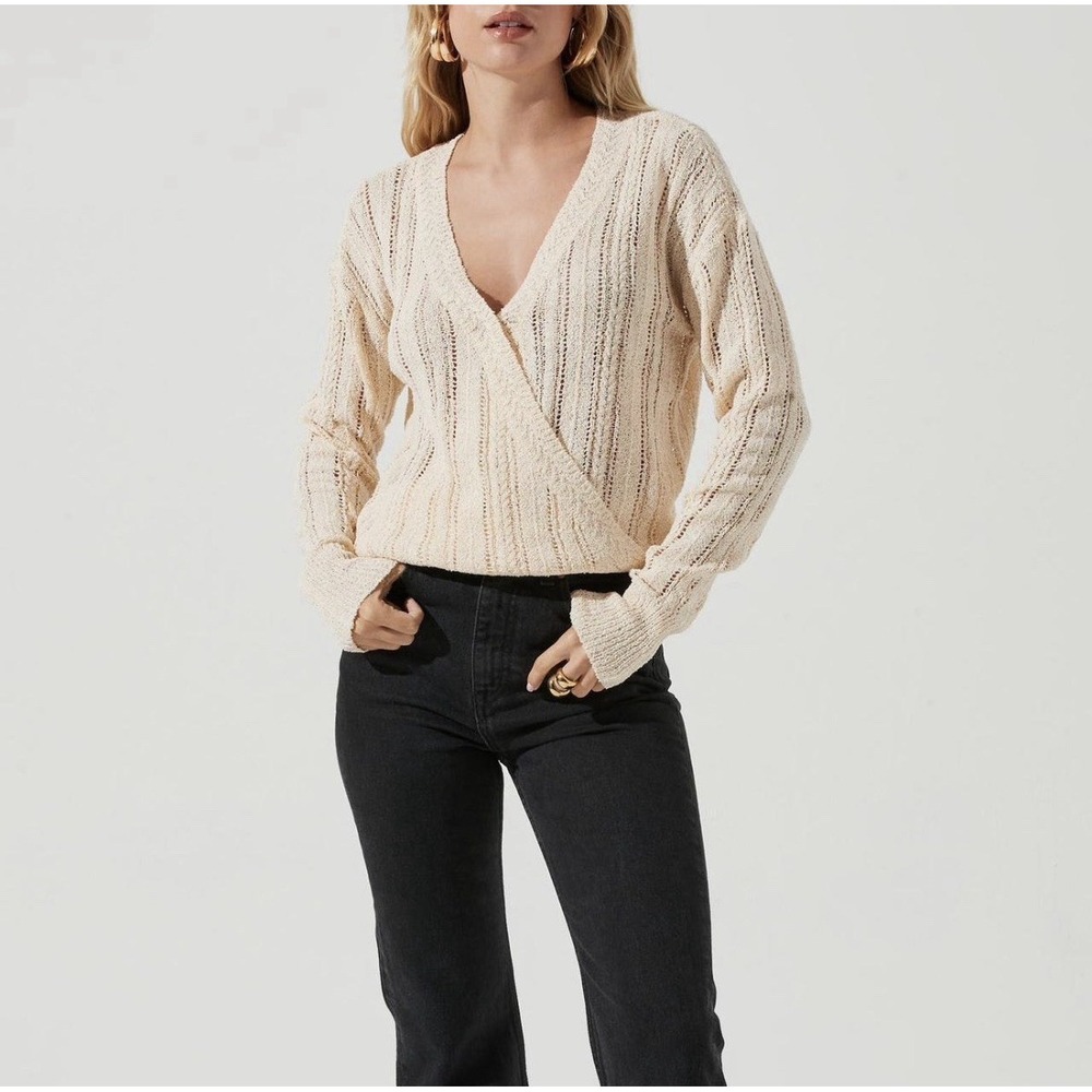 ASTR The Label Wrap Sweater Sz L Surplice Pointelle Open Knit Boho Cottagecore